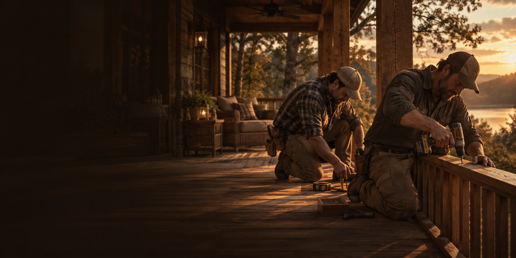 Two craftsmen putting the finishing touches on a warm wooden back porch at sunset
