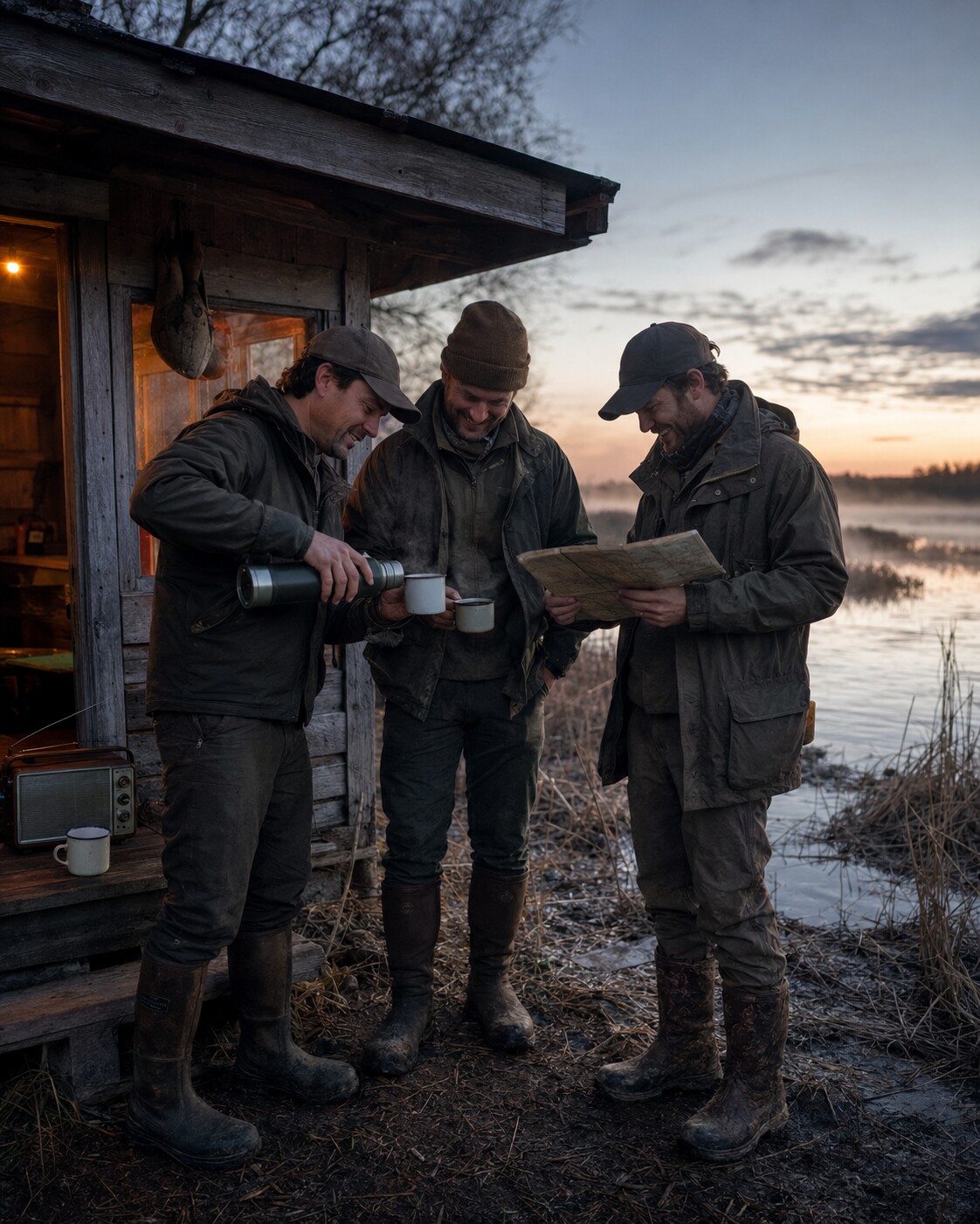 Three outdoorsmen looking over a map beside the water at daybreak