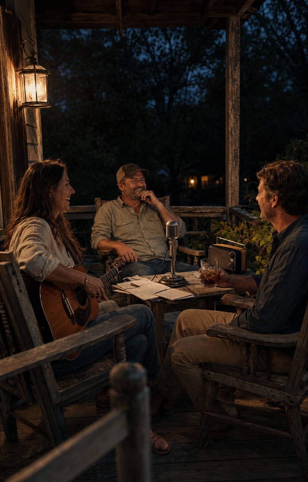 Friends sharing songs and conversation during a porch music session