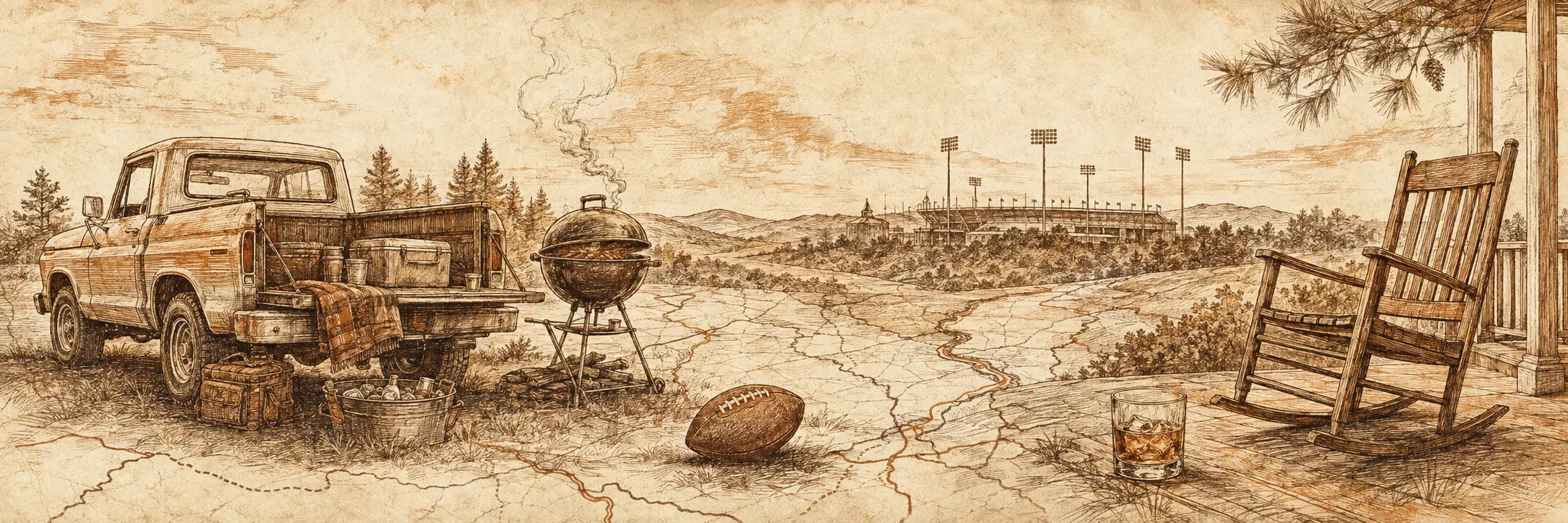 Illustrated Southern sports scene with a tailgate pickup, football, smoker, bourbon glass, porch chair and stadium lights